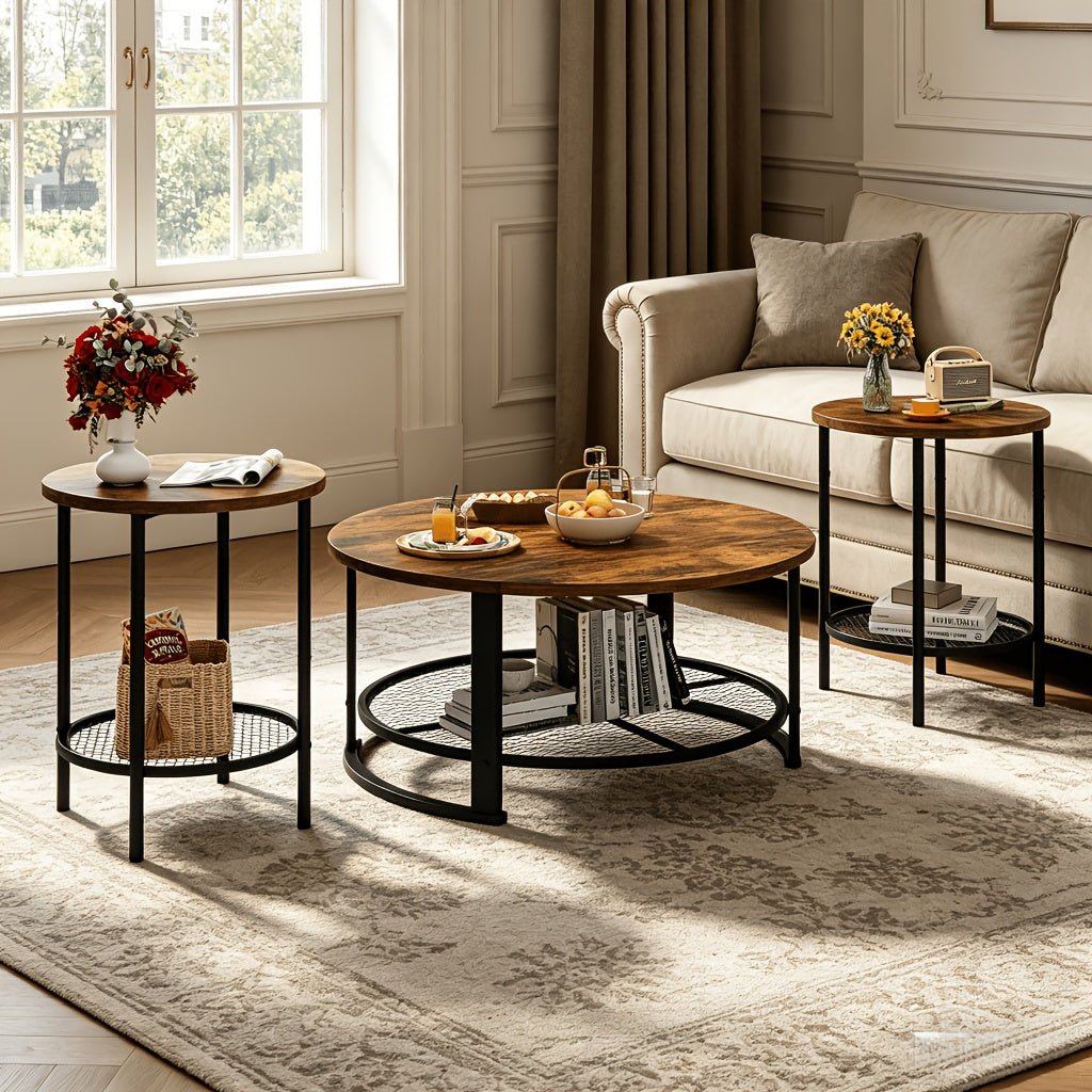 Coffee Table Set for Flexible Living Room and Bedroom Use in Compact Homes, Three-Piece Rustic Industrial Design