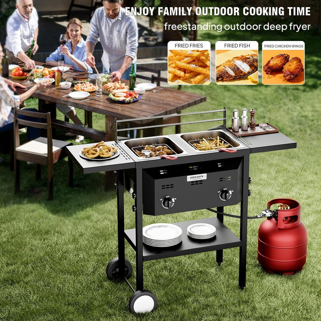 MEFEIR Outdoor Deep Fryer with Dual 8QT Stainless Steel Tank & Basket, Portable Propane Gas Fryer with Rolling Cart, Storage Shelves, Lids & Thermometer for Outdoor Backyard Cooking Frying