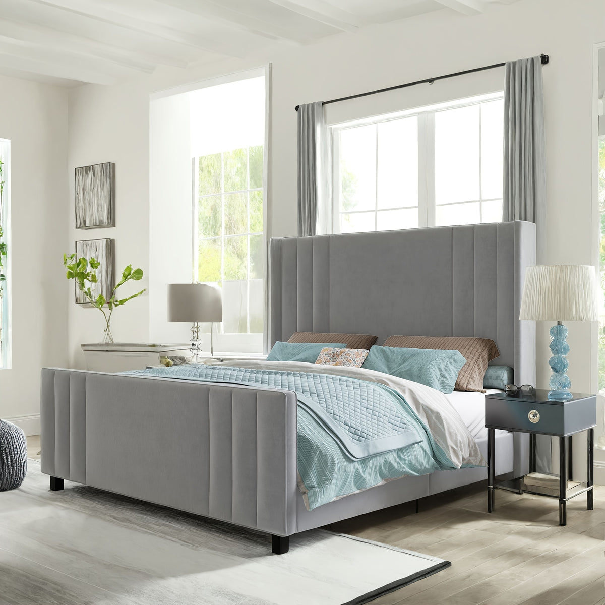 LUXOAK Velvet Upholstered Platform Bed Frame with Vertical Channel Tufted Wingback Headboard & Footboard - Mattress Foundation with Wood Slats, No Box Spring Required