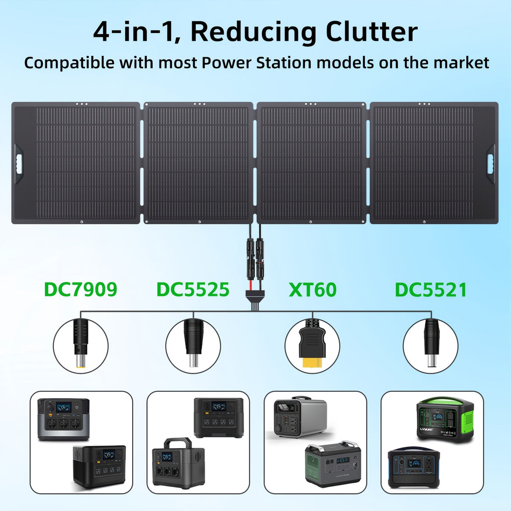 LVYUAN New Portable Solar Panel 200W/400W for Power Station, 23% Efficiency Mono Foldable Solar Charger with 4 Kickstands And 3M Cable (MC4 to DC5521/DC5525/DC7909/XT60 Connectors) for Camping RV Home Backup, Without Battery