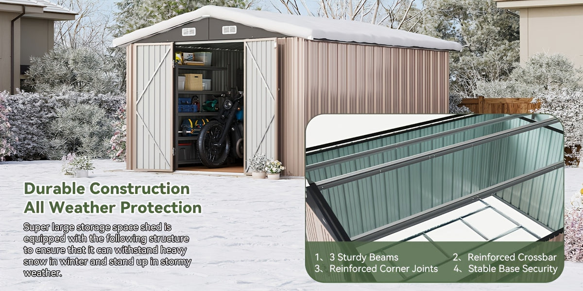 UMORLYRAE Outdoor Metal Storage Shed 6x4/8x6ft/10x8ft/10x12ft Garden Tool Shed Heavy Duty Utility Storage House with Optional Foundation for Backyard Patio Brown
