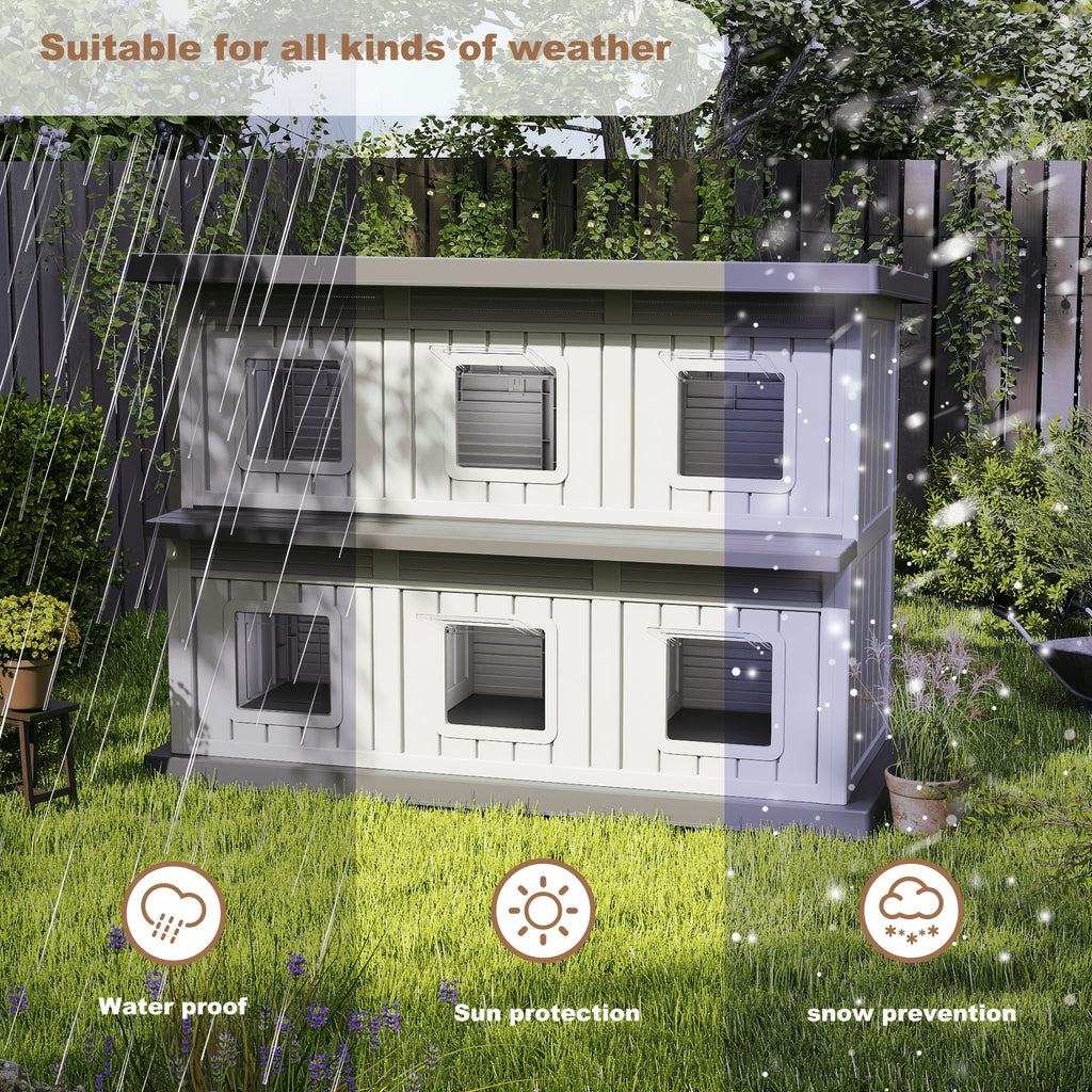 Double-Layer Stray Cat House - 2-Story Outdoor/ Cat Shelter with Large Cozy Space, Multiple Small Windows for Ventilation, Easy Assembly Solid Structure, Gray-Black for stray & feral cats (No Required)