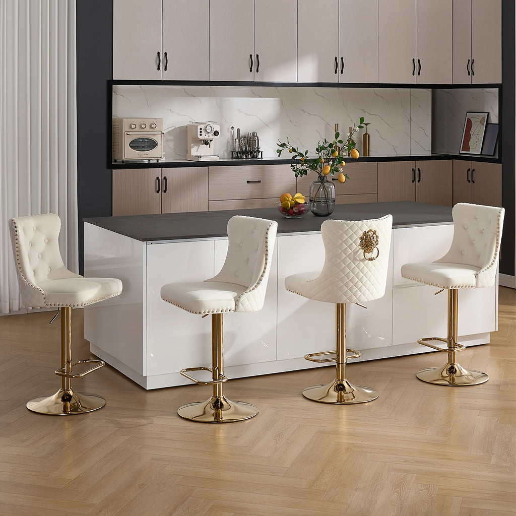 DMKAI Golden Lion Head Velvet Bar Stools Set Of 2, Luxury Diamond Tufted High Back, Adjustable Height 360° Swivel with Golden Base for Kitchen Island Home Bar