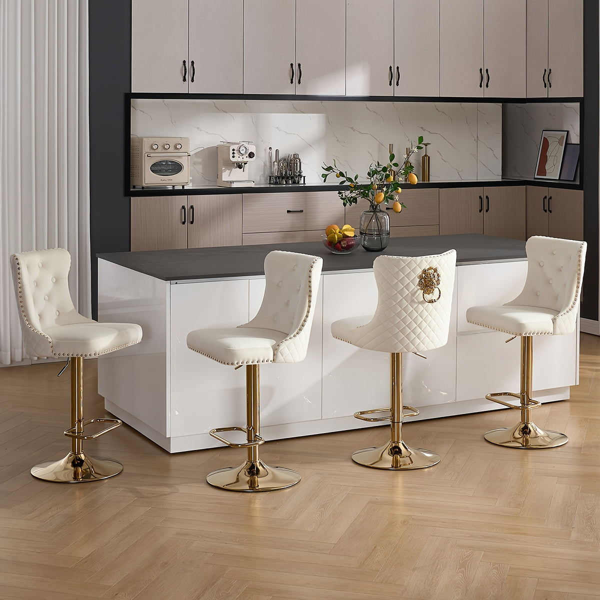 DMKAI Golden Lion Head Velvet Bar Stools Set Of 2, Luxury Diamond Tufted High Back, Adjustable Height 360° Swivel with Golden Base for Kitchen Island Home Bar