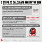 Portable Inverter Generator, Ultra Quiet, CO Alarm, Peak 2500W Rated 1900W, Peak 3200W Rated 2600W, Peak 3600W Rated 3000W, Peak 4000W Rated 3200W, Peak 4500W Rated 3600W, Ideal for Yard, Lawn, Garden, Camping, RV, Home Backup Power