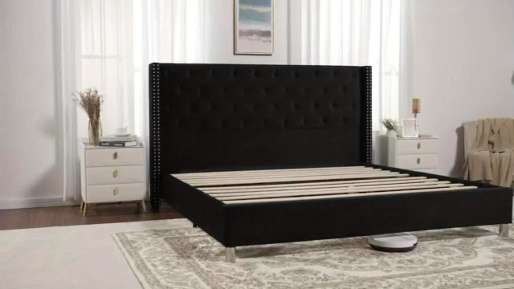 Papajet Velvet Upholstered Bed Frame with Wingback Headboard, No Box Spring Required