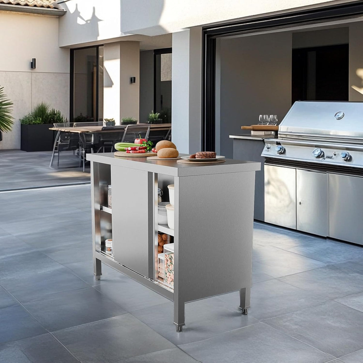 MEFEIR Commercial Stainless Steel Prep Table - 35"x28" Heavy Duty Kitchen Work Table w/ 2 Sliding Door Cabinet & Backsplash, Large Storage for Restaurant Food Prep