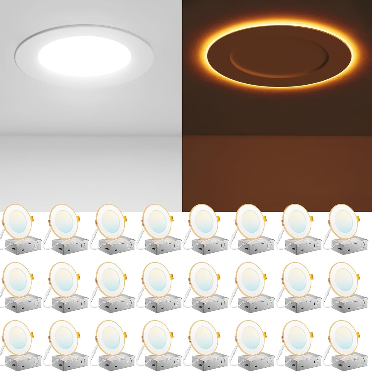 12/6 Pack 4/6 Inch 5CCT LED Recessed Ceiling Light with Night Light, 2700K/3000K/3500K/4000K/5000K Selectable Ultra-Thin Lighting, 12W=110W, 1100LM, Dimmable Canless Wafer Downlight