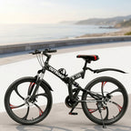 26 Inch Adult Folding Bikes/Mountain Bikes, 21 Speeds Mountain Bicycles with Full Suspension, Dual Disc Brake, High Carbon Steel Frame, Foldable Bike for Men/Women