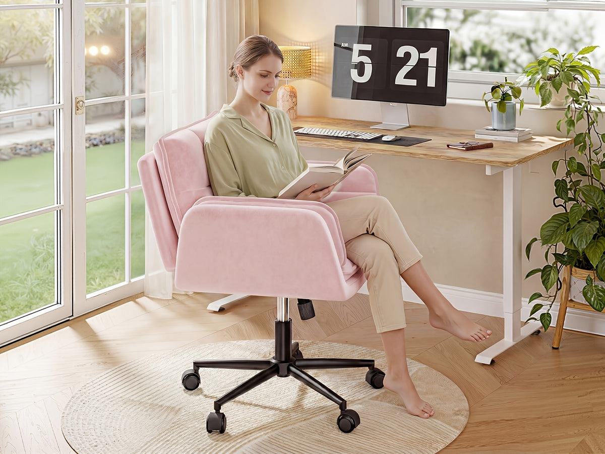Modern Office Crossover Wheelchair, Luxurious Plush Vanity Chair with Wheels, Adjustable Armrests, Ergonomic Office Chair Suitable for Bedrooms, Computer Makeup Rooms, And Offices, Available in White, Black, Pink, And Gray, Stable And Durable