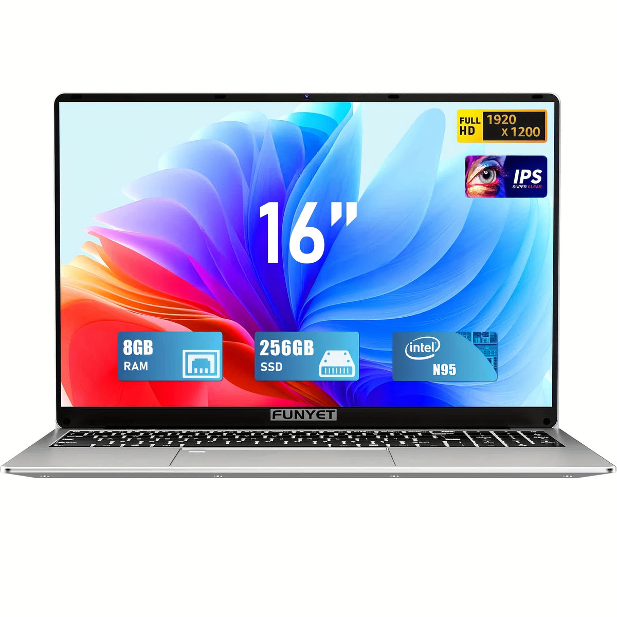 FUNYET 16 Inch Laptop Computer, Gaming Laptop, Intel 12th Gen N95 Processor(up to 3.4GHz), FHD 1920 * 1200, 180 Angle Opening, Fingerprint Unlock, Backlit Keyboard
