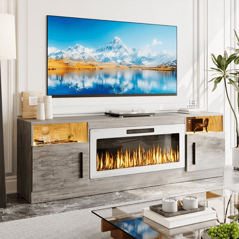 70“ Fireplace TV Stand with 36" Electric Fireplace Up to 80" TVs, Led Entertainment Center with High Glossy Doors, Modern Wood Media TV Console for Living Room
