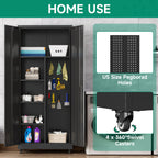 Metal Storage Cabinet with 4 Wheels, 71" H Metal Garage Cabinet, Broom Closet Storage Cabinet with Adjustable Shelves, Tool Storage Cabinets for Garage, Utility Room