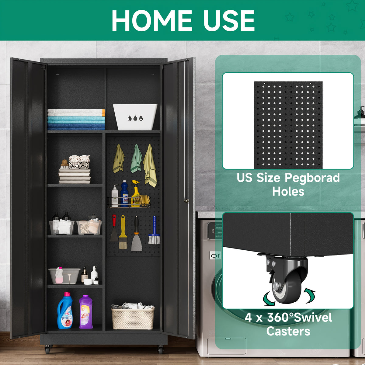 Metal Storage Cabinet with 4 Wheels, 71" H Metal Garage Cabinet, Broom Closet Storage Cabinet with Adjustable Shelves, Tool Storage Cabinets for Garage, Utility Room