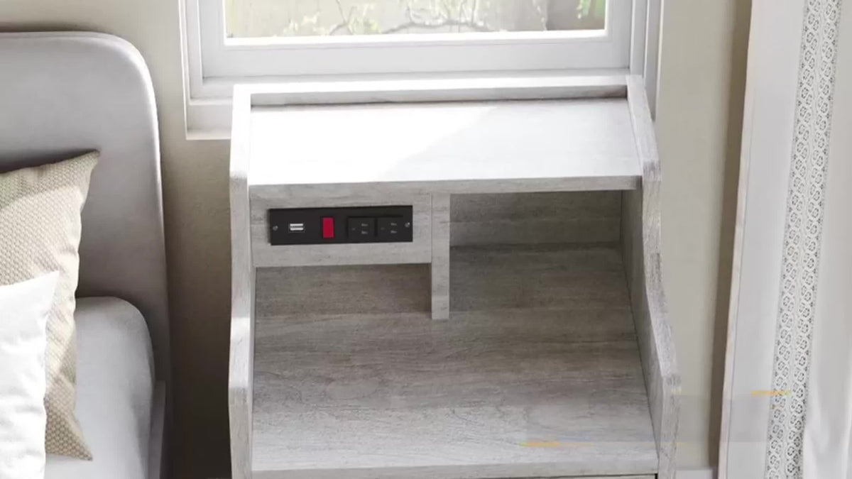 Nightstand with Charging Station, 2 USB Ports & 2 Outlets, Grey Nightstands with Hutch and 3 Drawers, Bedroom End Table