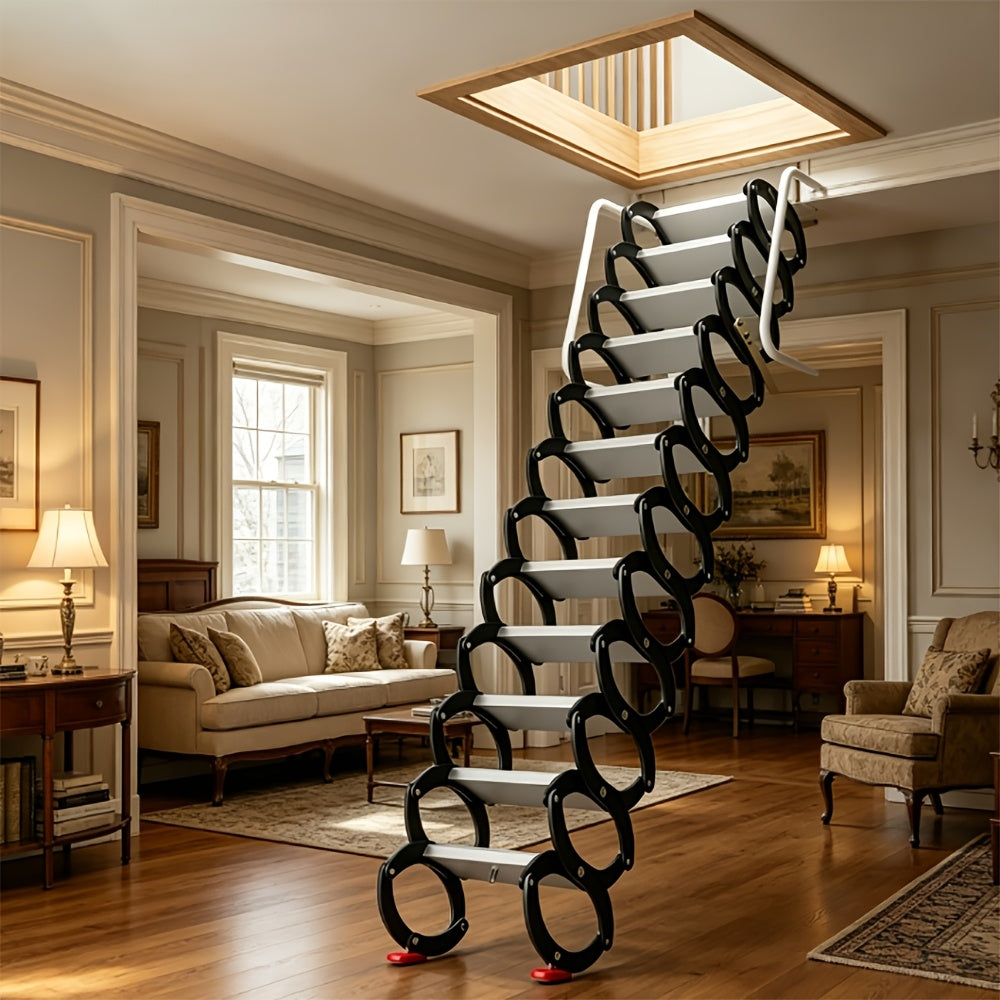 10ft Wall-Mounted Space Saving Attic Stairs, Black & White Titanium-Magnesium Alloy Construction, Supports Up to 880 Lbs, Ideal for Attics, Garages, Basements, Warehouses & Retail Stores