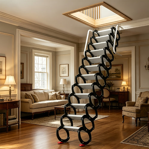 10ft Wall-Mounted Space Saving Attic Stairs, Black & White Titanium-Magnesium Alloy Construction, Supports Up to 880 Lbs, Ideal for Attics, Garages, Basements, Warehouses & Retail Stores