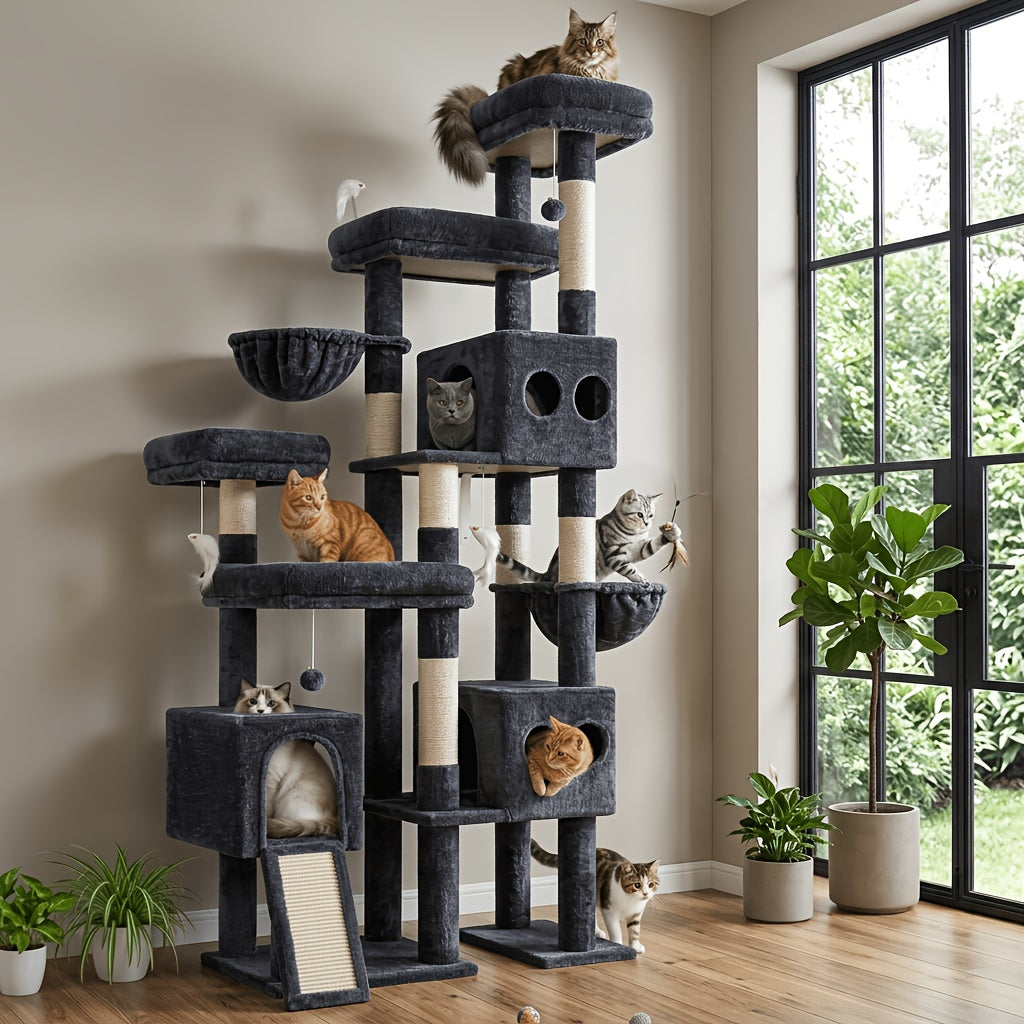 Globlazer 82-inch Cat Tower for Large Cats, Multi-Level Cat Tree for 4+ Indoor Cats with 3 Condos, 7 Sisal Scratching Posts, Scratching Board, 2 Hammocks & 3 Perches, S82D, Light Grey