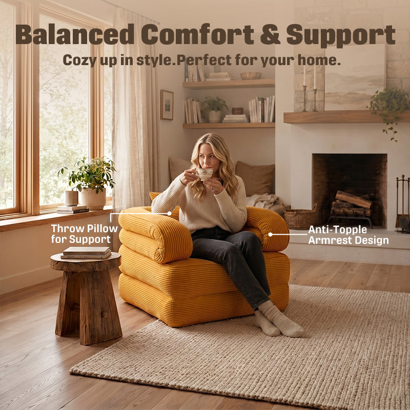 3-in-1 Convertible Folding Sofa Bed, Floor Futon Couch Cloud Shaped Corduroy Upholstered, High-Density Foam Ultra-Soft Comfy Lounge Bean Bag Chair, Versatile Pull-Out Sleeper for Living Room Guest