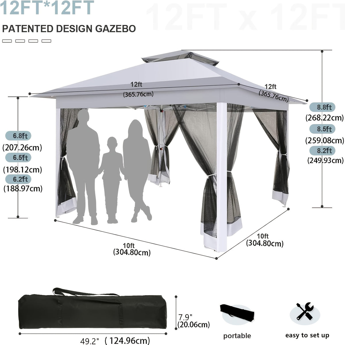 12ft×12ft/11x11ft Pop-up Patio Gazebo, Outdoor Gazebo with Mosquito Net, Double Roof Ventilation, 121 Square Feet Shade, Suitable for Lawns, Gardens, Backyards, and Decks