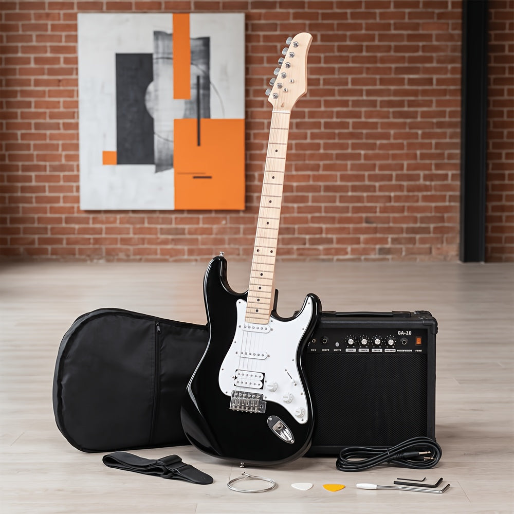 Electric Guitar Amp Set S-S-H Pickup Configuration, Maple Fretboard, White Finish with White Pickguard Christmas Gift/ Holiday Essential