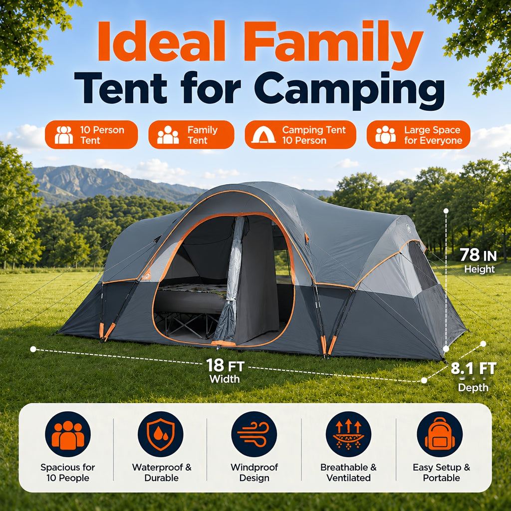 Spacious 10-Person for family Camping Tent, 2-Room Privacy Cabin Tent, And Windproof with Mesh Window, Easy Setup for Family Outdoor Trips And Backyard Parties