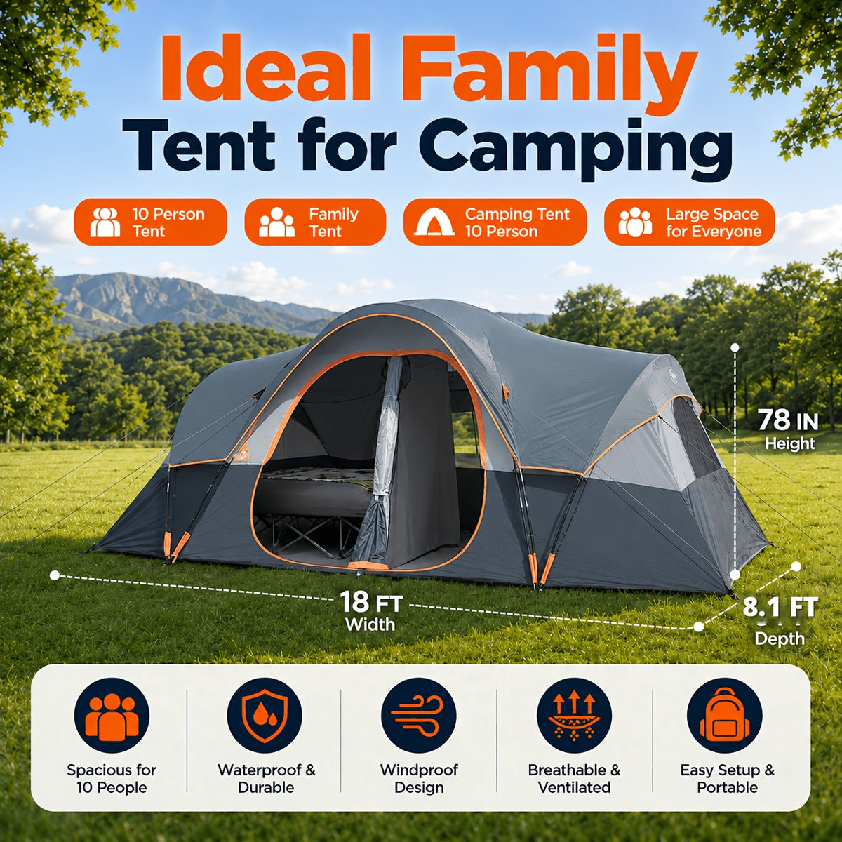 Spacious 10-Person for family Camping Tent, 2-Room Privacy Cabin Tent, And Windproof with Mesh Window, Easy Setup for Family Outdoor Trips And Backyard Parties