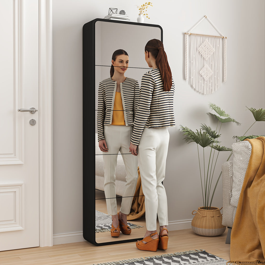 Organizedlife 1Set Shoe Storage Cabinet For Entryway, 5 Tiers Full Length Mirror Shoe Organizer, Wooden Narrow Shoe Closet, Black Shoe Cabinet Shoe Rack For Front Door Entrance, Outdoor