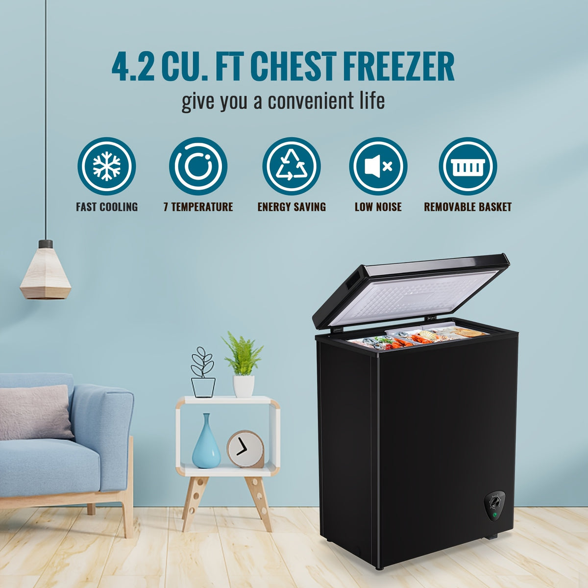 4.2 CU.FT. Compact Chest Freezer with 7 Adjustable Thermostat, Top Open Door Deep Freezer Compressor Cooling with Removable Storage Basket, Perfect for Home Office Dorm Or Apartment