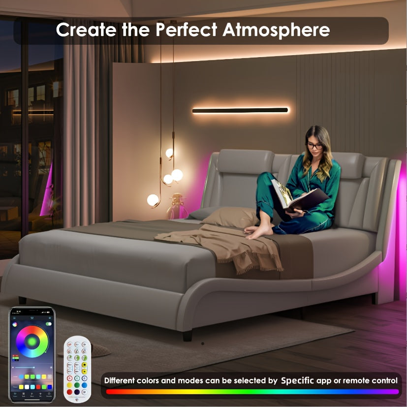 Upholstered Bed Frame Available in Full, Queen, And King Sizes Featuring an Adjustable Headboard, a Wavy Design, a Removable Backrest, And Solid Wooden Slats for Support, Eliminating The Need for a Box Spring, Offered in Faux Leather in White