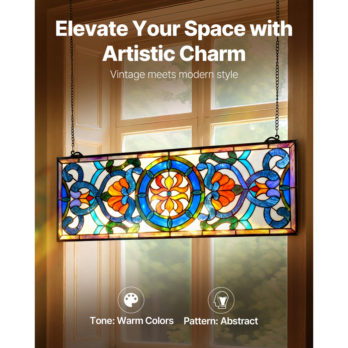 Stained Glass Window Panel, VEVOR Tiffany-Style 35.1 x 12.9 in Hanging Transom Art with Chain