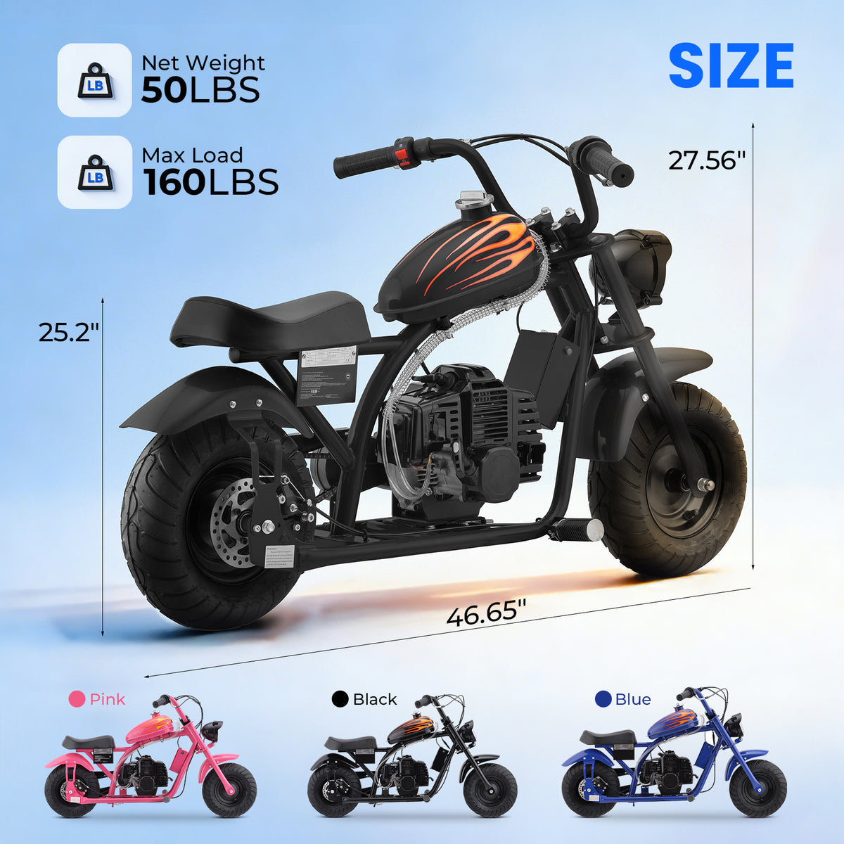 Mini Dirt Bike, DB004 Model 39 CC 4-Stroke Gas Chopper Bike with Off-Rode Tire, Disc Brakes, Max Load 160Lbs, Up to 18Mph
