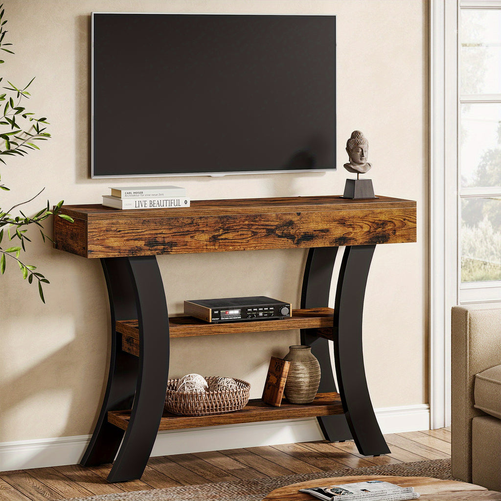 41" Rustic Brown 3-Tier Console Table with Curved Frame & Storage Shelves - Heavy-Duty Engineered Wood Construction, 3-Tier Design, Sturdy Base
