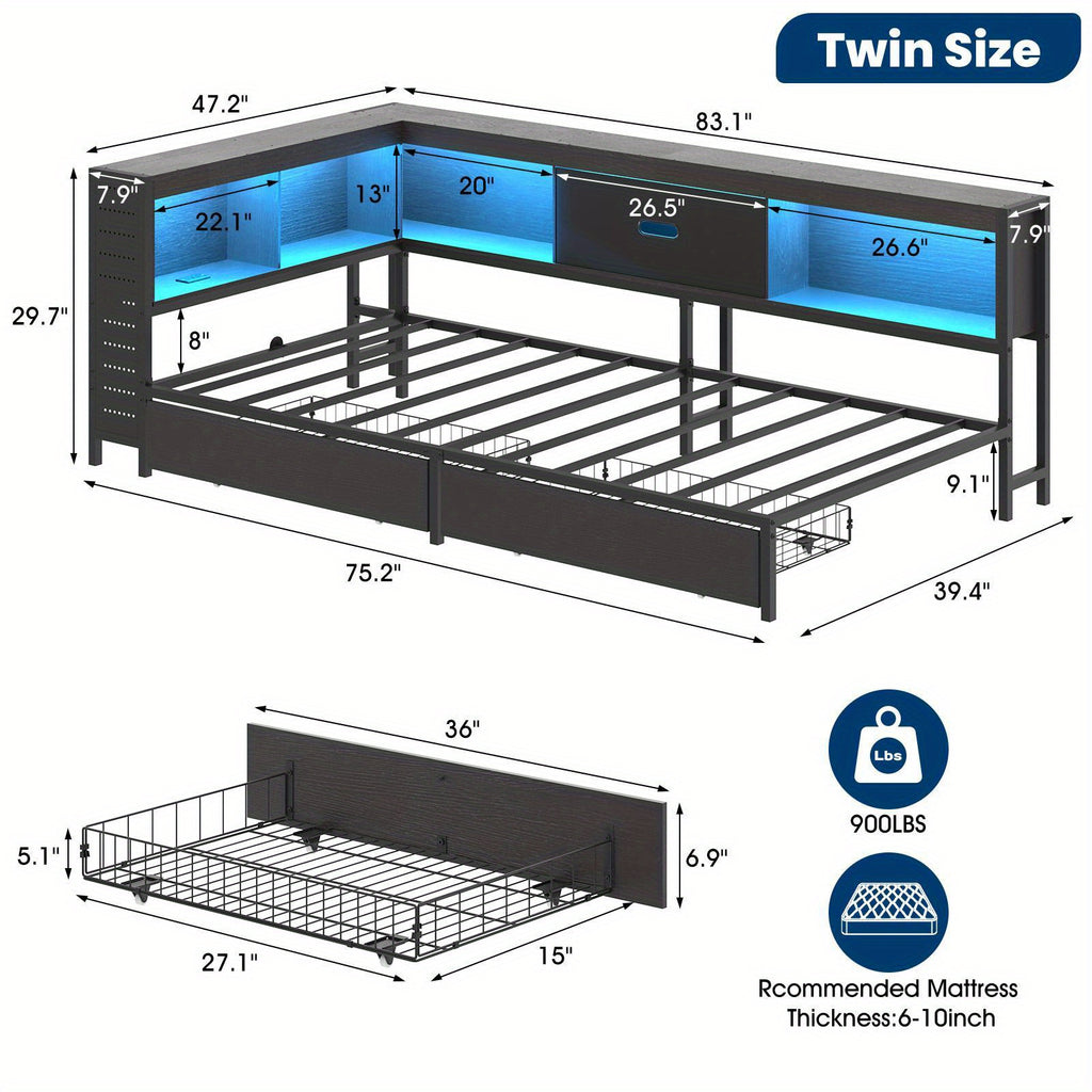 Corner Bed with Storage Bookcase and LED Light, Daybed with 2 Underneath Storage Drawers & Charging Station, Twin Bed Frames for Bedroom