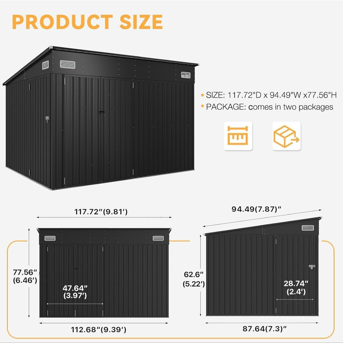 Nordivale 8 X 4/10X8/12X8 FT Outdoor Storage Shed with Sturdy Metal Frame - Lockable Triple Door Tool Sheds, Heavy Duty Storage Building for Bicycles, Lawn Tools Suitable All-Weather, Waterproof Garden Metal Trash Storage Sheds for Patio, Backyard