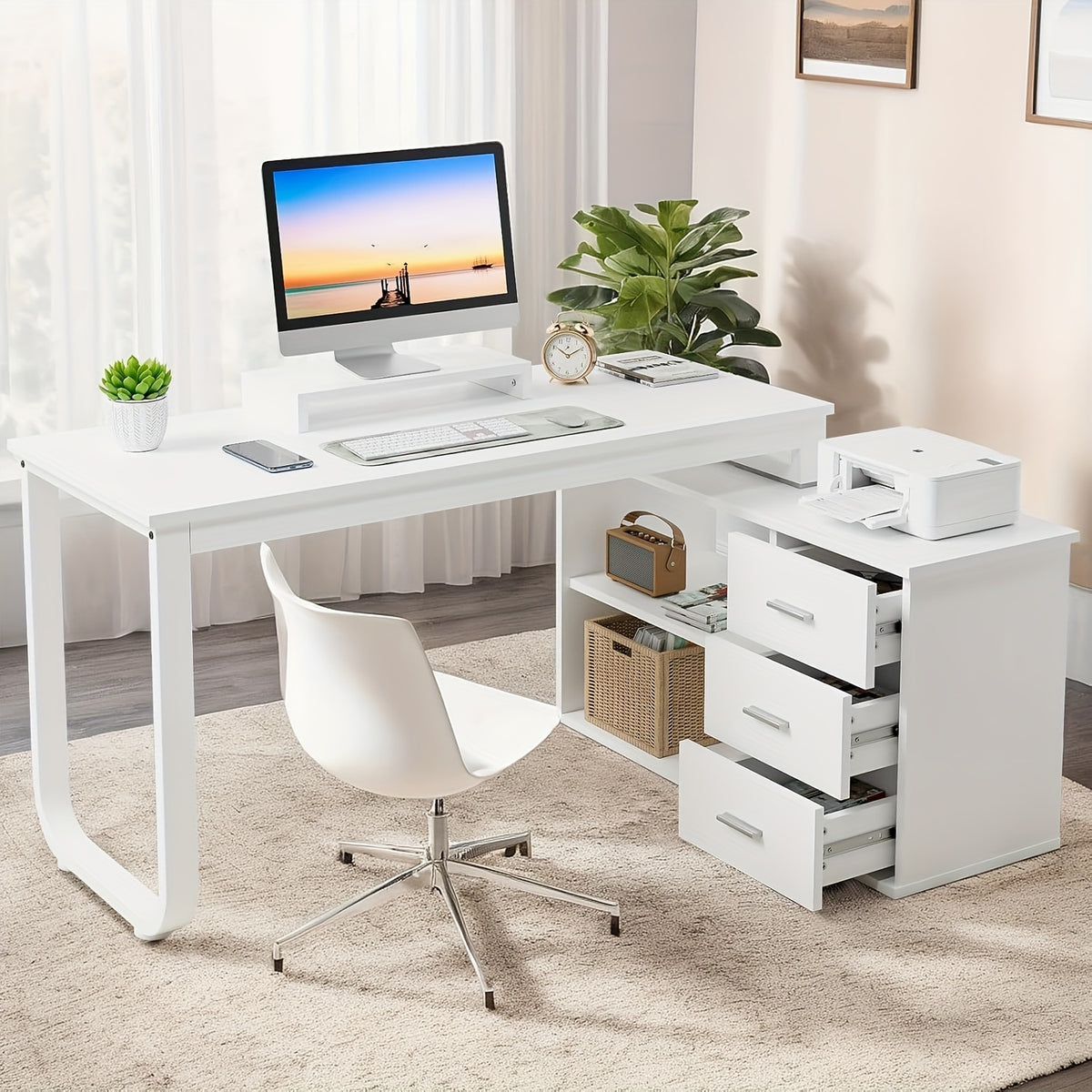 Home Office Computer L Shaped Gaming Computer Desk Corner Desk with 3 Drawers and 2 Shelves, Long Desk with Storage Shelfs & Removable Monitor Stand,, Corner, Small Space, computer desk for home office
