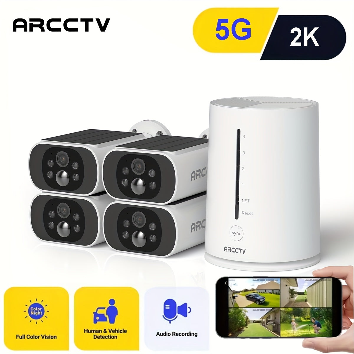 ARCCTV Cam 4-Cam Kit, Security Camera Outdoor Wireless, 2K Camera with Integrated Solar Panel, Forever Power, Smart Siren & Spotlights, 2-Way Audio, App-Controlled (Wi-Fi), 4MP Face Recognition AI, 5G & 2.4 GHz Wi-Fi, No Monthly Fee