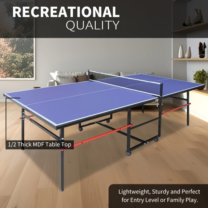 8 Ft Folding Rolling Table Tennis Table Regulation Ping Pong Table with 2 Paddles 2 Balls 1 Net And Post Set Fold-Up Design 4 Wheels for Easy Movement, BLUE