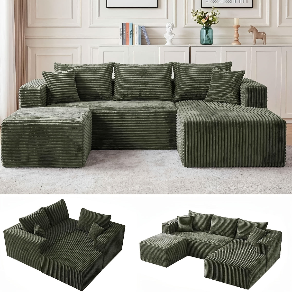95 Inch L-Shaped Sectional Sofa, Fluffy Corduroy Cloud Sleeper Couch, Free Combination Boneless Sofa with Wide Chaise And Ultra-Deep Seating, Cozy Lounge Furniture for Apartment, Living Room, Easy Setup