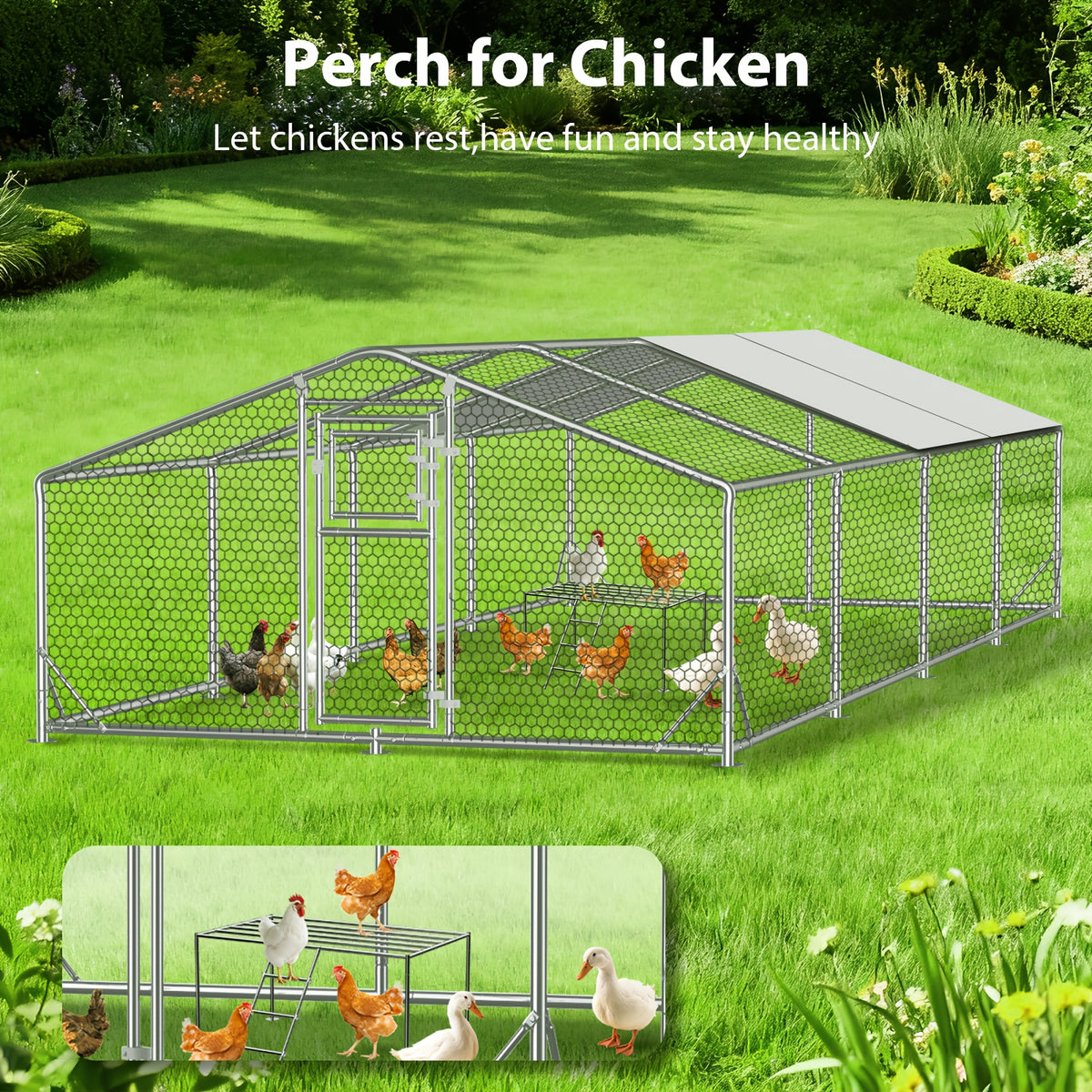 Large Metal Chicken Coop & Enclosure Kit, Featuring Climbing Perches, Wire Mesh Siding, And A Waterproof, UV-Resistant Canopy, Advanced Series Outdoor Walk-in Run, Suitable For Chickens, Ducks, Rabbits, And Dogs