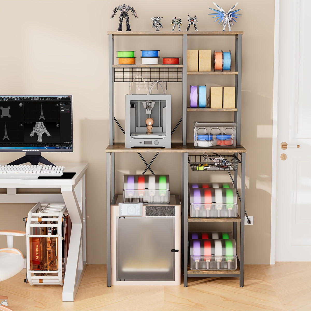 Printer Stand with Charging Station, Large 3D Printer Table with Filament Storage, Heavy Duty Rolling 3d Printing Stand Filament Organizer with 4-Tier Storage for Workshop/Office/Garage