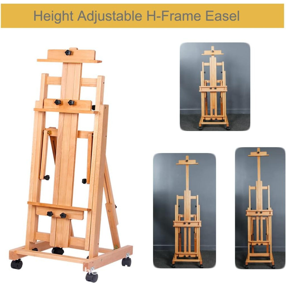 H Frame Easel Multi-Function Studio Easel Solid Beech Wood Easel Adjustable Painting Canvas Holder Stand Tilts Flat Artist Easel with Locking Caster Wheels