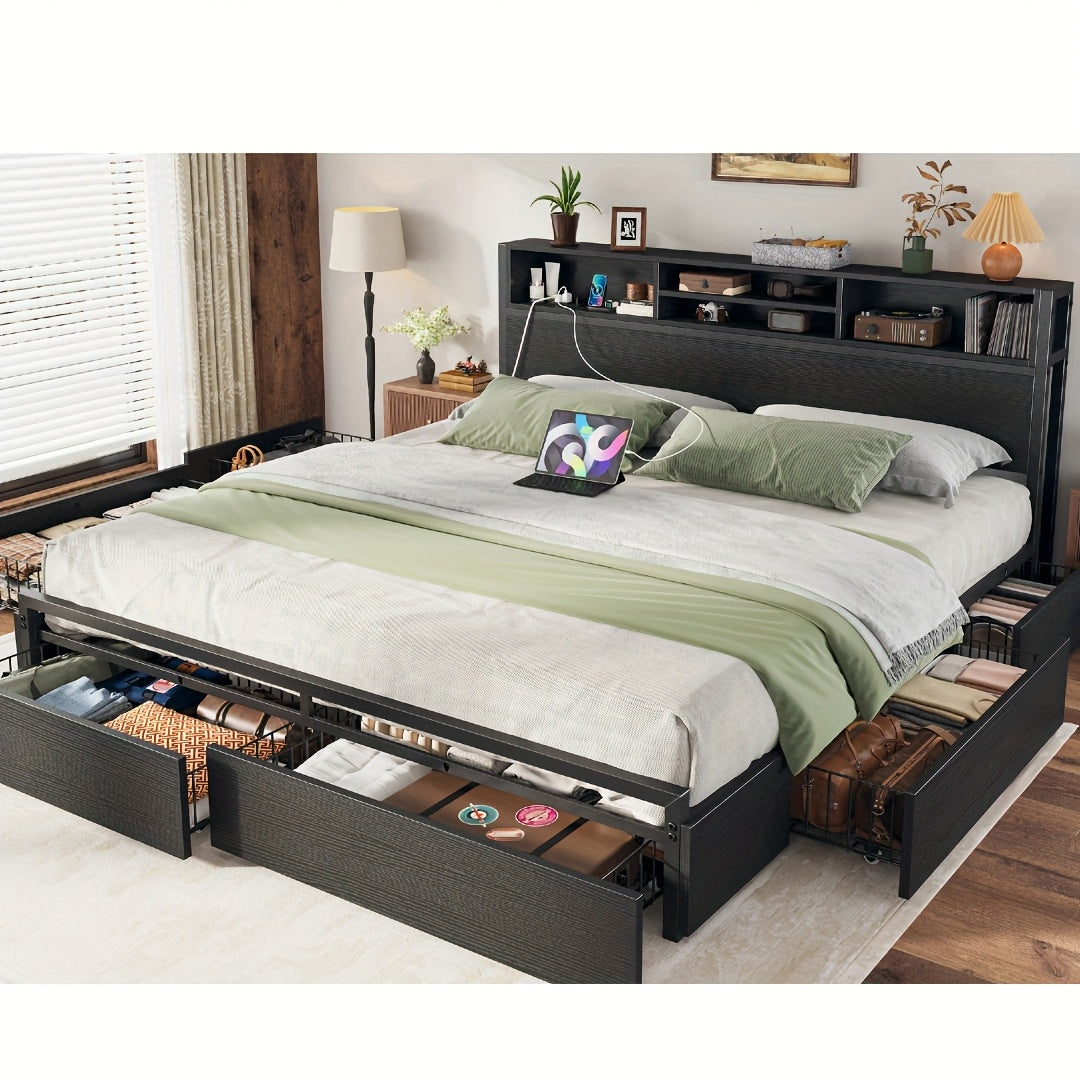 Queen/King Size Bed Frame with 6 Storage Large Drawers Forbedroom, Modern Bed Frame And Open Storage Headboard with Fast Charging Station, No Noise, No Box Springs Needed, Black, Easy Assembly, 2pcs Nightstand with 4 Fabric Drawer Sold Separately