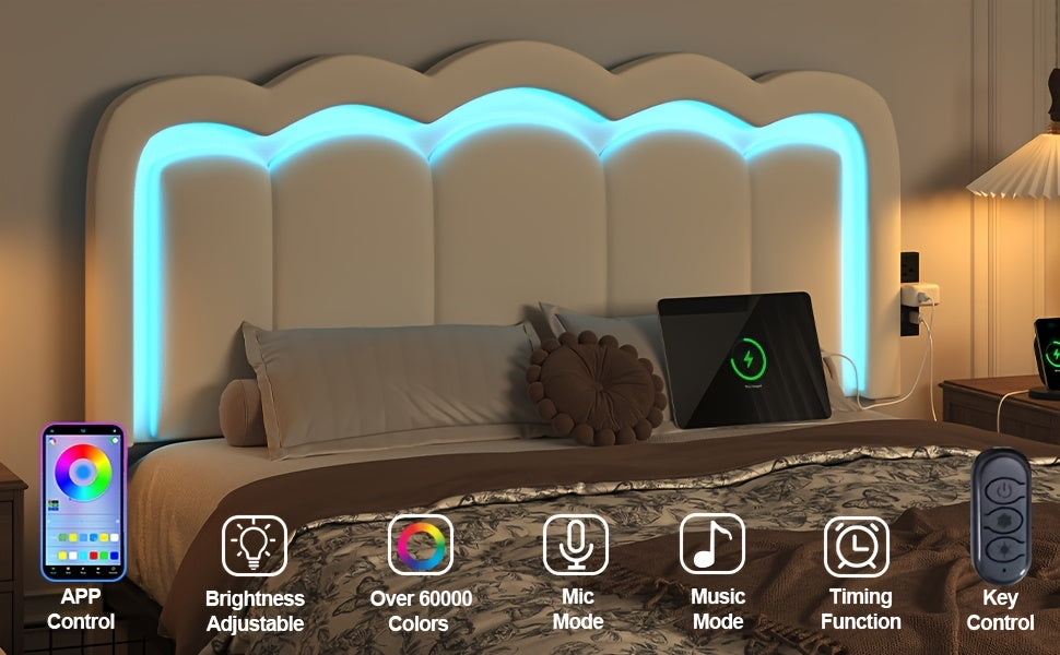 Upholstered Platform Bed Frame with 4 Storage Drawers & Adjustable Headboard, Full/Queen Size Bed Frame with LED Lights & Charging Station, Strong Metal Slats Support, No Box Spring Needed, Easy Assembly, Black/White