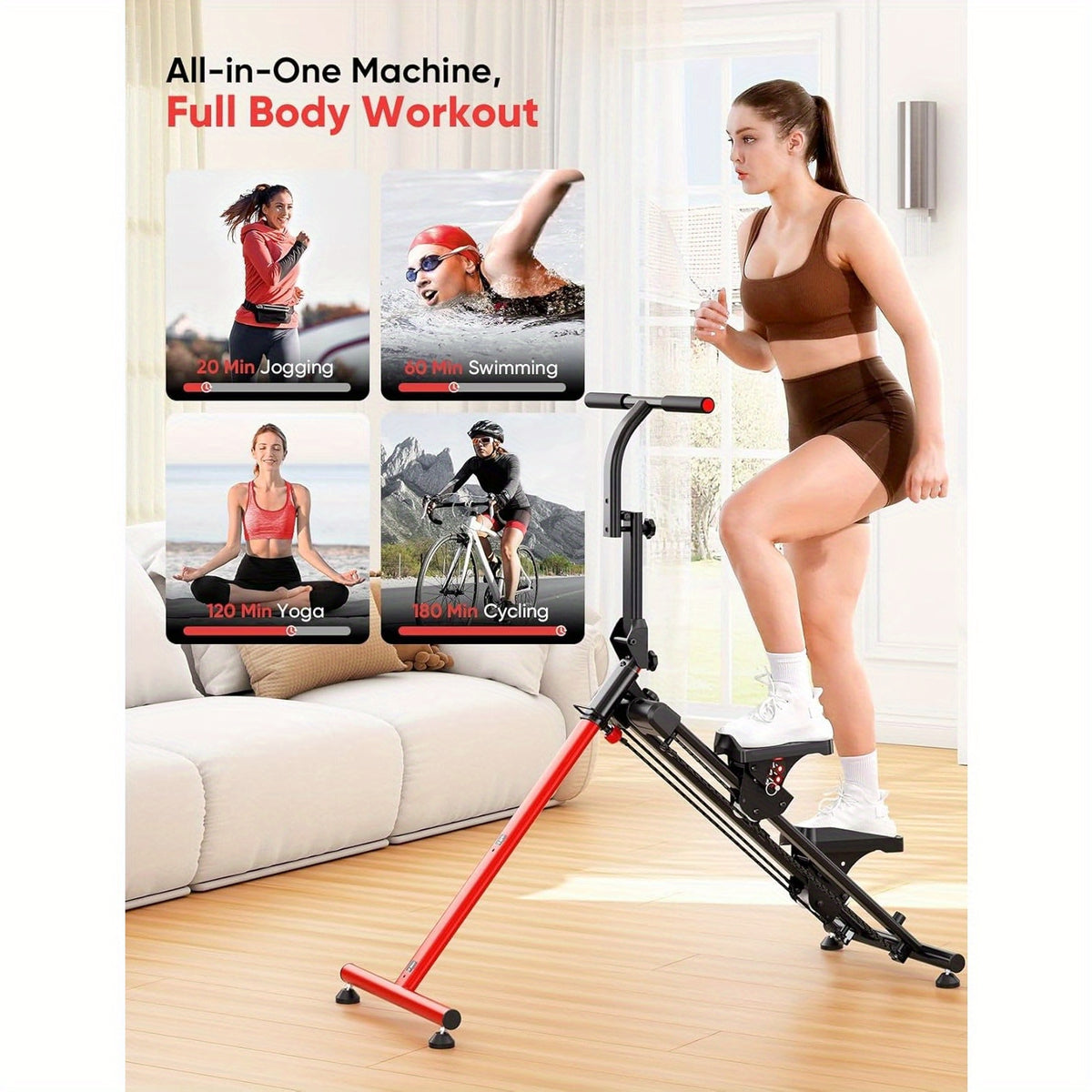 Adjustable Stair Stepper for Home with 3 Workout Modes, Folding Stair Climber with Ski Simulation & Oversized Pedals, 660LBS Capacity Step Machine with Handlebar, 90% Pre-Assembled Fitness Equipment, Without Battery