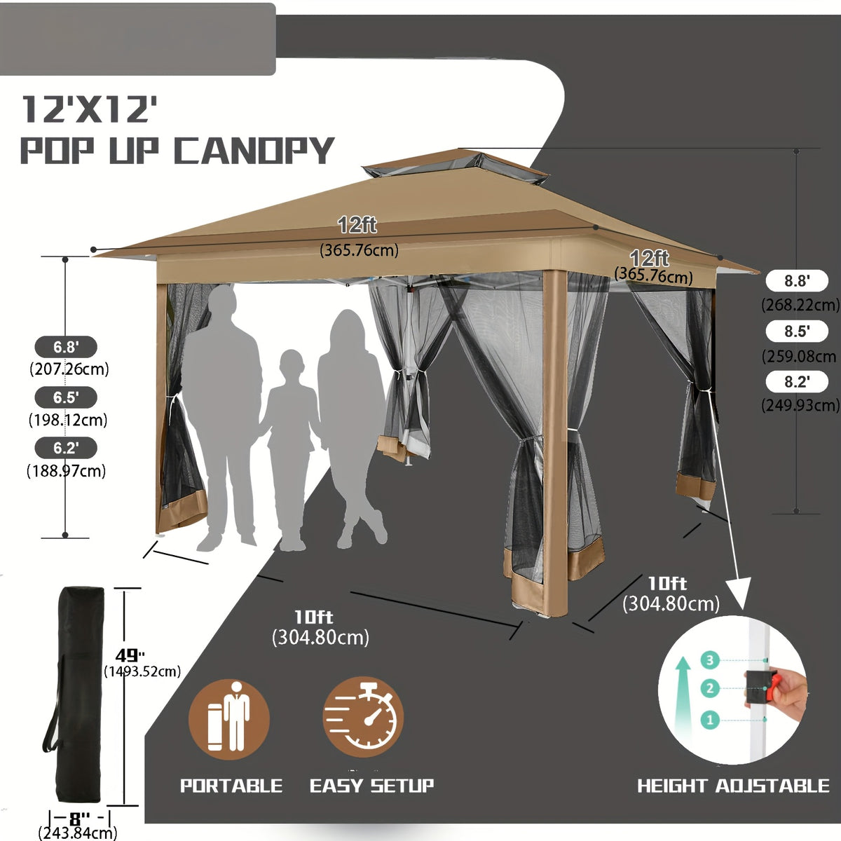 12ft×12ft/11x11ft Pop-up Patio Gazebo, Outdoor Gazebo with Mosquito Net, Double Roof Ventilation, 121 Square Feet Shade, Suitable for Lawns, Gardens, Backyards, and Decks