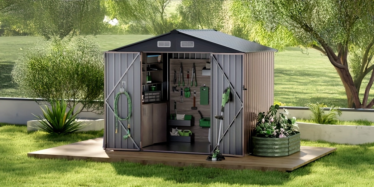 [Metal Storage Shed] 8x6ft (7.33'x5.28' Base, No Floor), 6 X 4ft, 10x12ft, 10x14ft, Metal Steel Outdoor Storage Shed with Air Vent & Lockable Doors, for Garden, Patio And Backyard, Tools, Bike