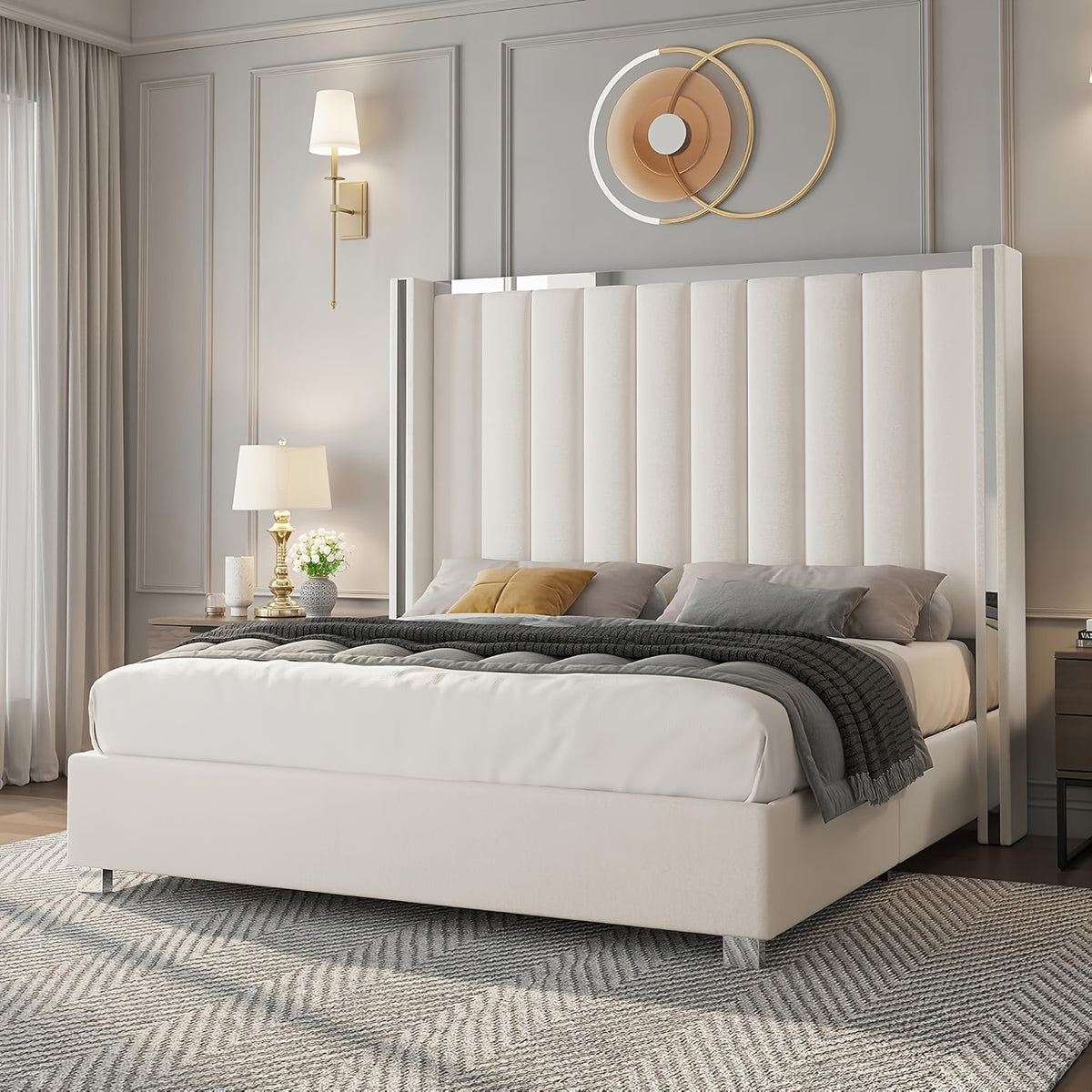LUXOAK Velvet Upholstered Platform Bed with 58" Tall Channel Tufted Wingback Headboard, Plating Trim & No Box Spring Needed