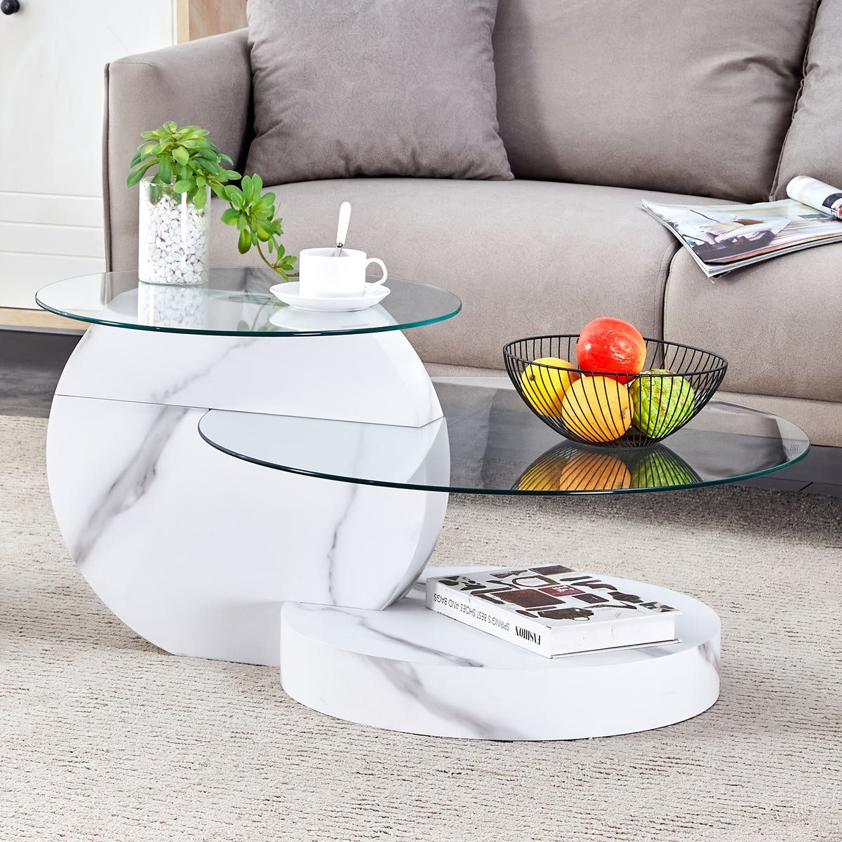 Glass Coffee Table for Small Spaces with Three-Tier Storage and a Clear Tempered Glass Top