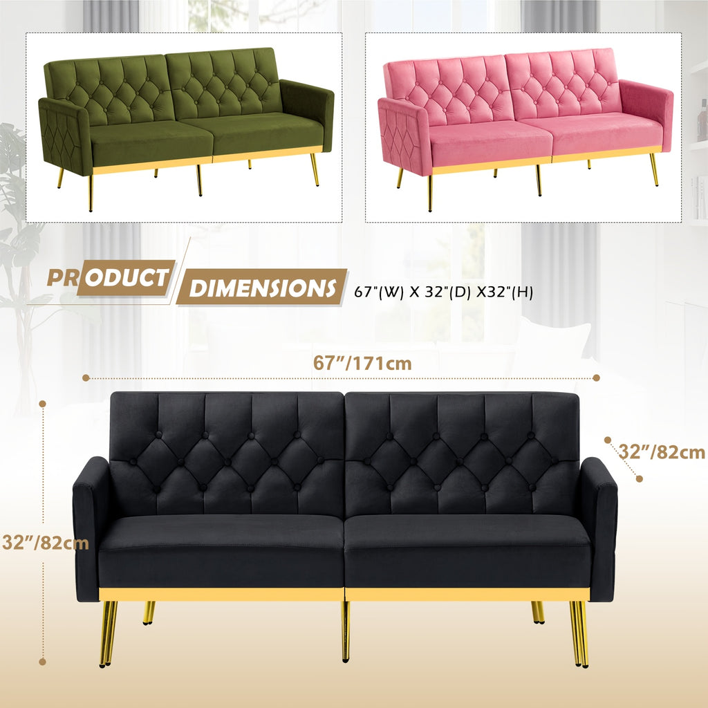 ACMEASE Velvet Sofa Bed Featuring Adjustable Armrests And Backrests, a Contemporary Recliner Sleeper Couch with a Tufted Design, a Convertible Loveseat Sofa with Golden Legs Suitable for The Living Room, Bedroom, Or Studio